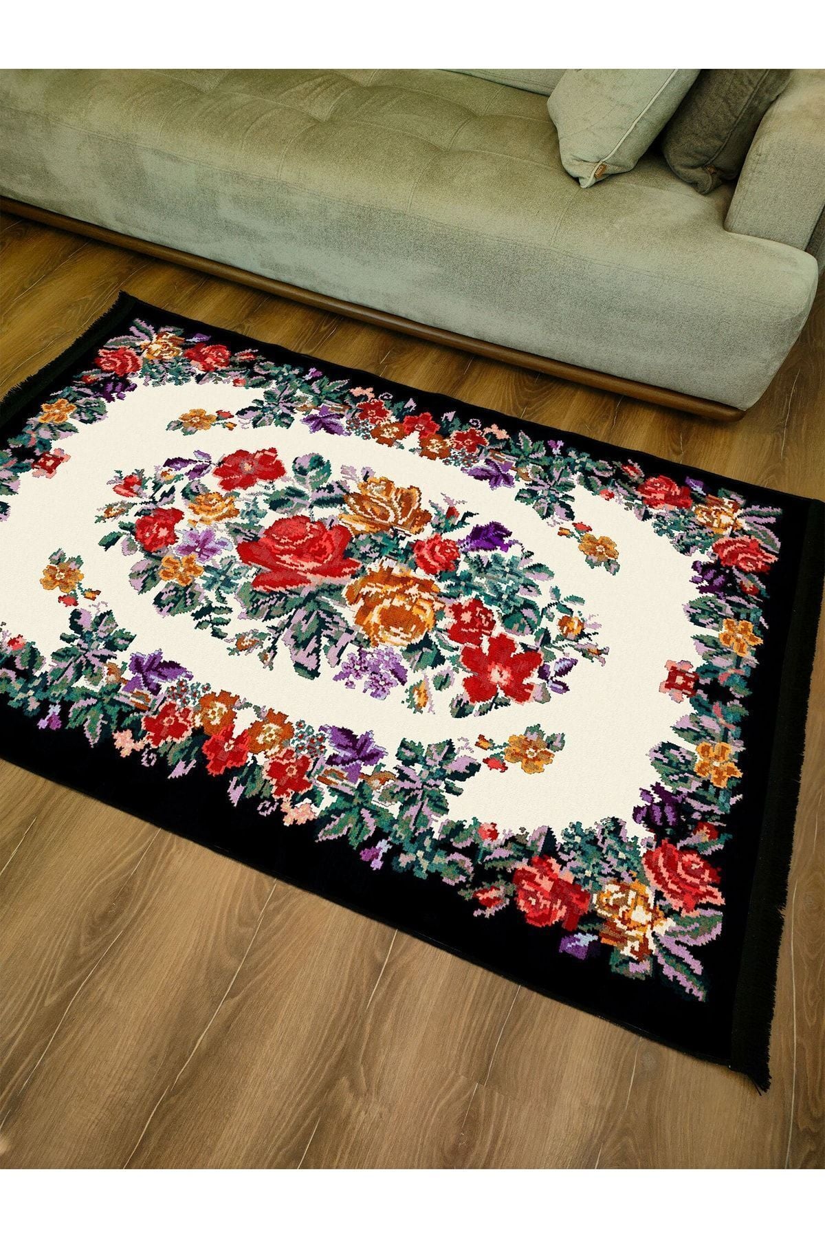 Halı Vagonu Serisi Kahve Tonlarında Çerçeveli Eskitme Geometrik Desen Kaymaz Taban Şönil Halı