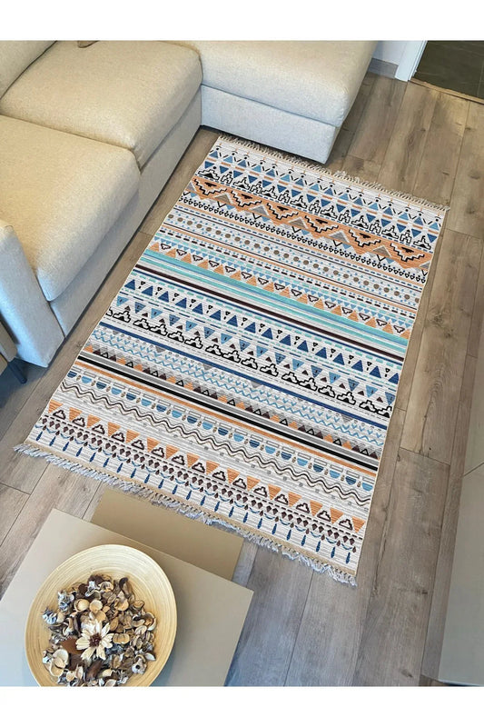Cotton Kilim 26 Multi Geleneksel Motif Çizgili Desenli Dekoratif Yıkanabilen Dokuma Taban Kilim - HALI VAGONU