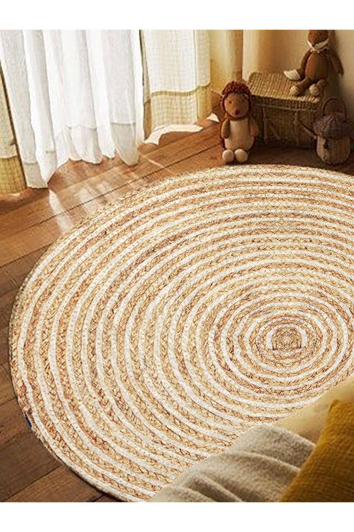 Boho 949 Jüt Rengi Örgü Yuvarlak Natural Çift Taraflı Halı