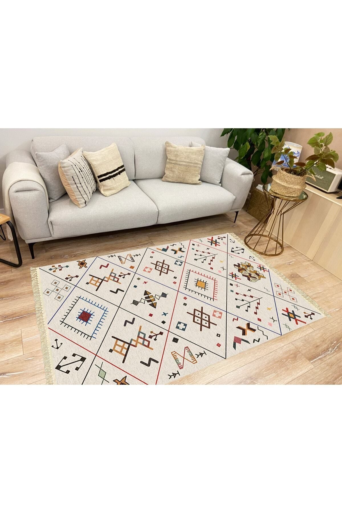 Cotton Serisi Krem Tonlarında Geometrik Desenli Dekoratif Dokuma Taban Kilim