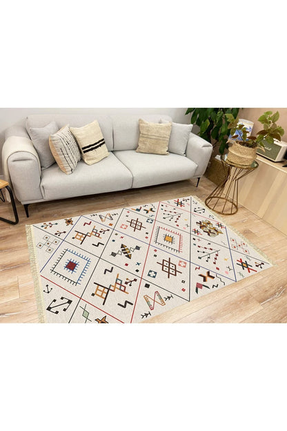 Cotton Serisi Krem Tonlarında Geometrik Desenli Dekoratif Dokuma Taban Kilim