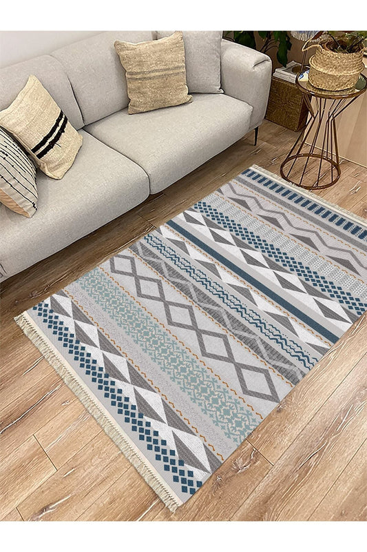 Cotton Serisi Hasır Görünümlü Gri Tonlarında Eskitme Etnik Desen Dekoratif Dokuma Taban Kilim