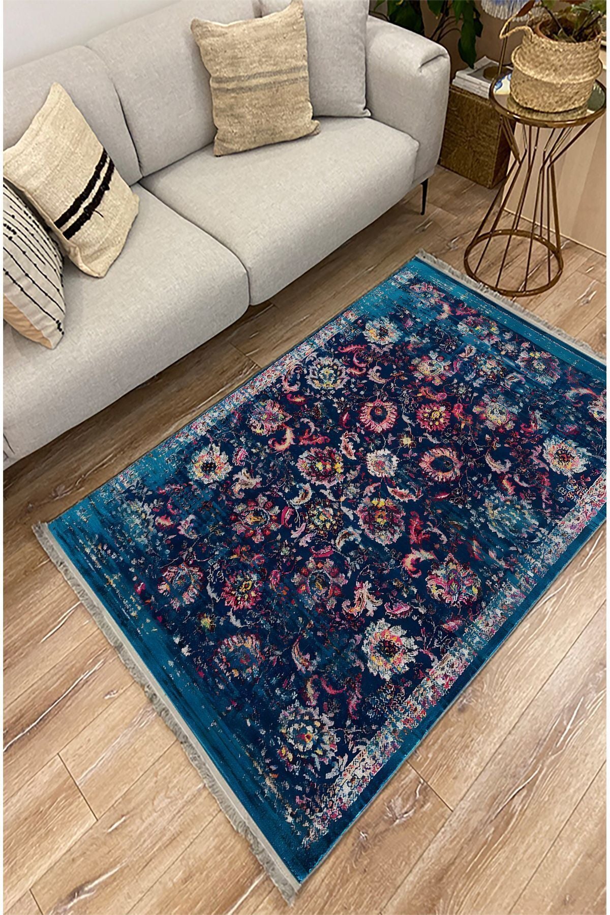 Halı Vagonu Halı 96 Lacivert Tonlarında Klasık Dekoratif Halı Salon Halısı Saçaklı Yıkanabilen Halı