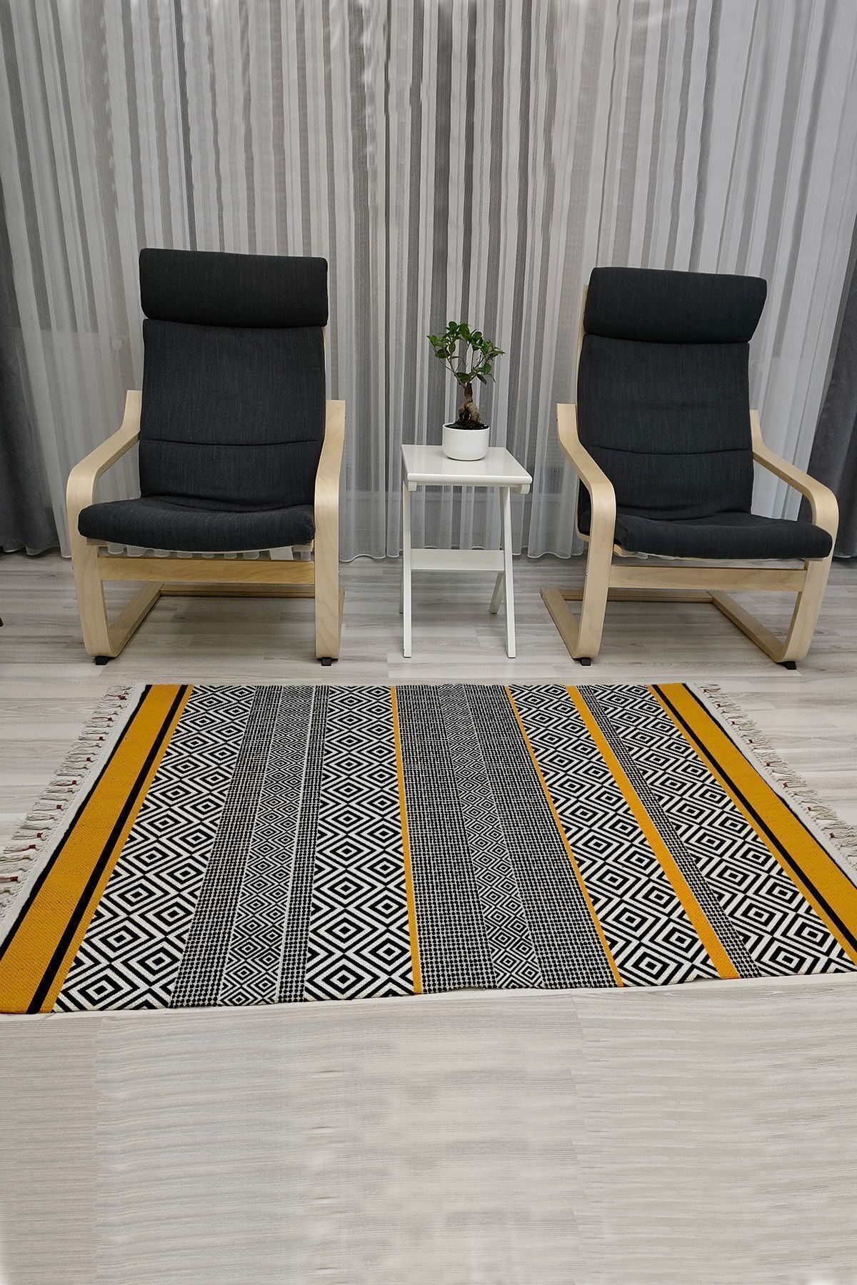 Cotton Kilim 3004 Sarı Siyah Geometrik Desenli Dekoratif Dokuma Taban Kilim