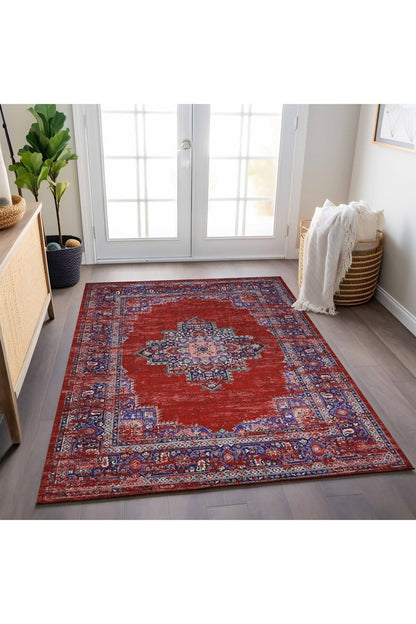 Halı Vagonu 197 Kırmızı Etnik Desenli Vintage Dokuma Taban Halı