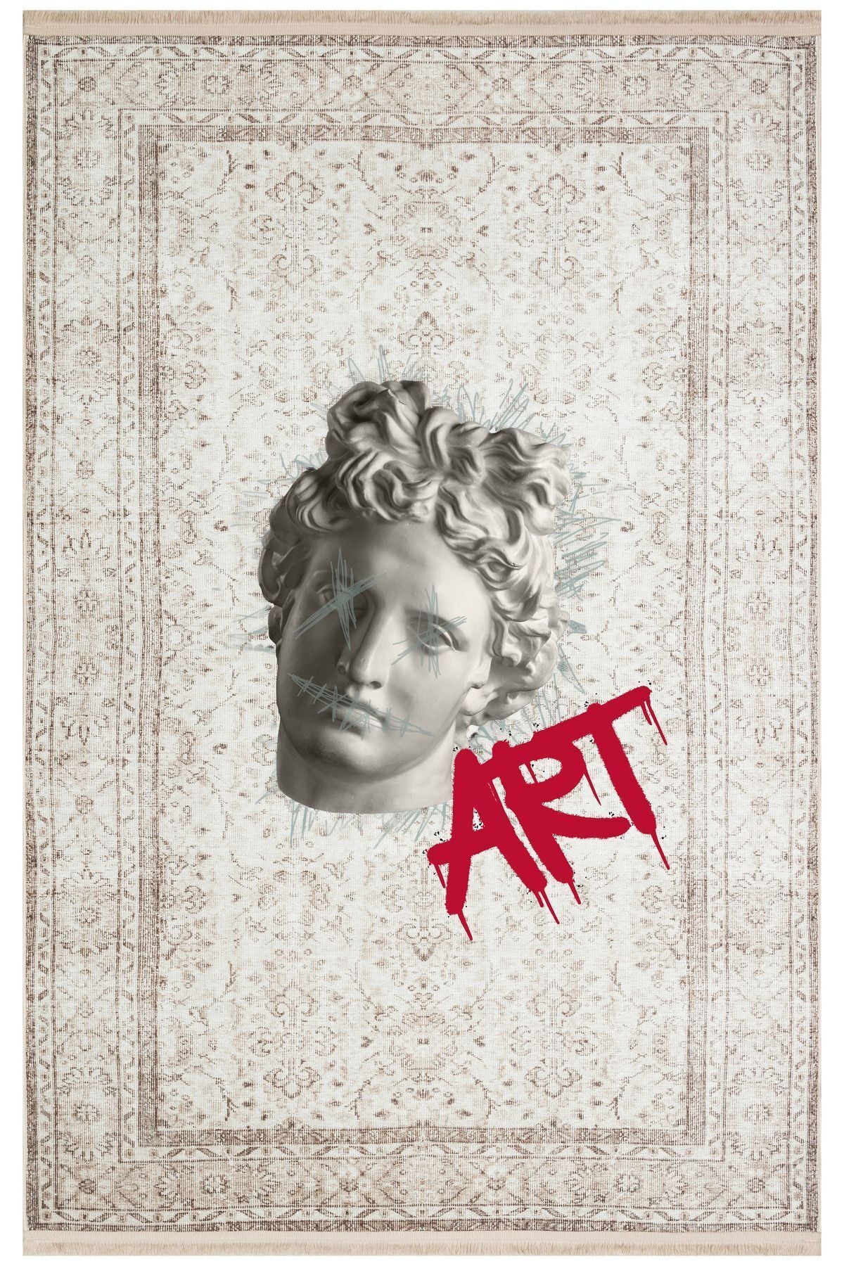 Halı Vagonu 170 Bej Vintage Art Yazılı Heykel Figürlü Modern Dokuma Taban Halı