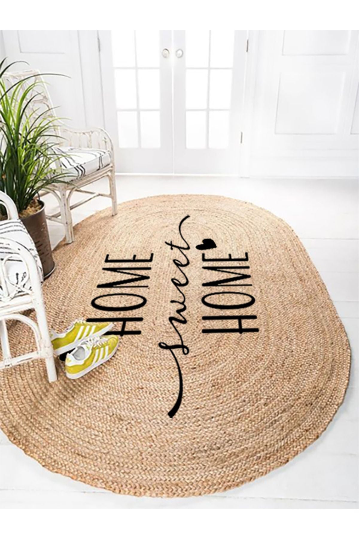 Boho 945 Home Sweet Home Temalı Etnik Desenli Oval Jüt Örme Doğal Hasır Kilim Daire Halı