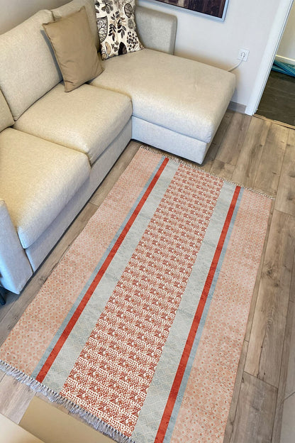 Cotton Serisi Kahve Tonlarında Eskitme Etnik Çizgi Desenli Dekoratif Dokuma Taban Kilim