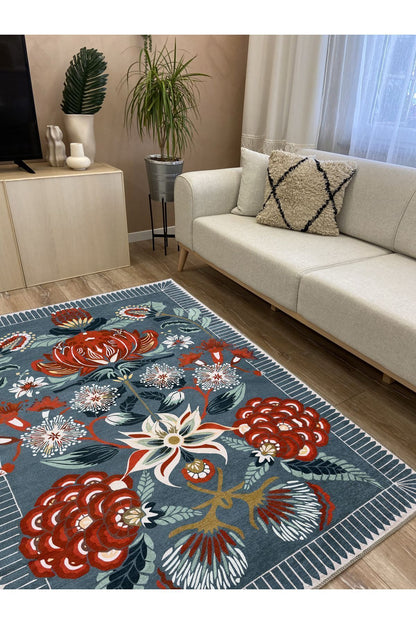 Yeşil Temalı Kırmızı Gül Tonlarında Klasik Modeli Pamuk Dokuma Saçaklı Yakanabilir Halı Vagonu2179