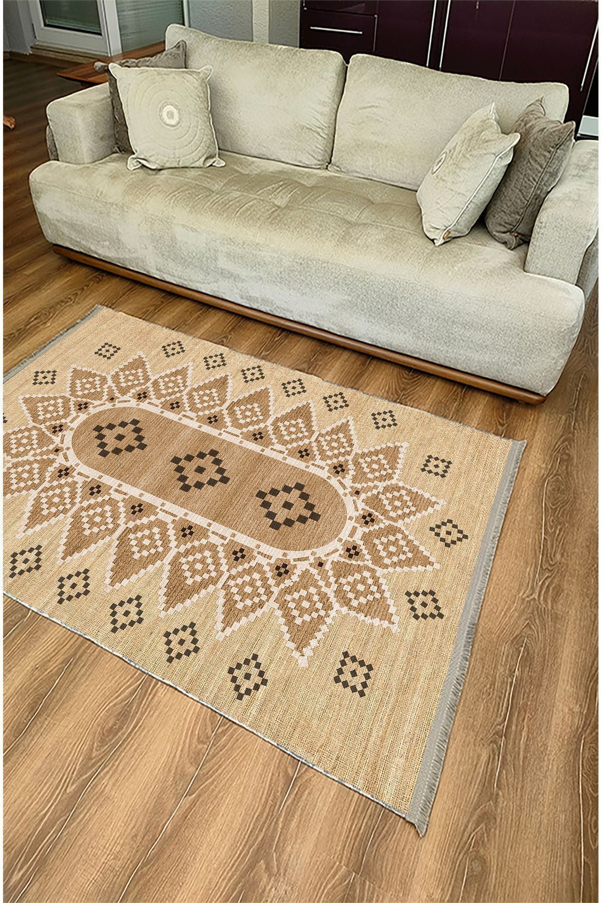 Halı Vagonu105 Jut Tonlarında Klasık Dekoratif Kilim Salon Halısı Saçaklı Yıkanabilen Halı