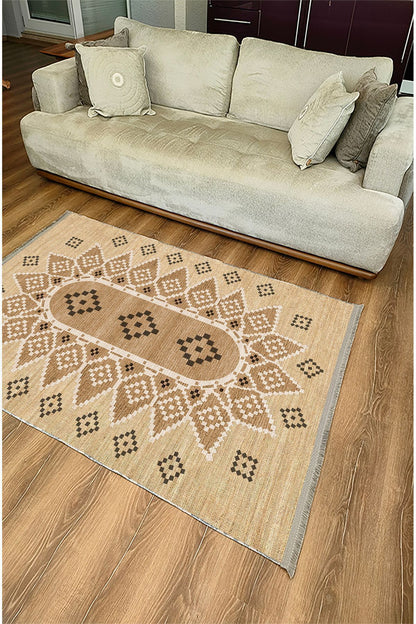 Halı Vagonu105 Jut Tonlarında Klasık Dekoratif Kilim Salon Halısı Saçaklı Yıkanabilen Halı