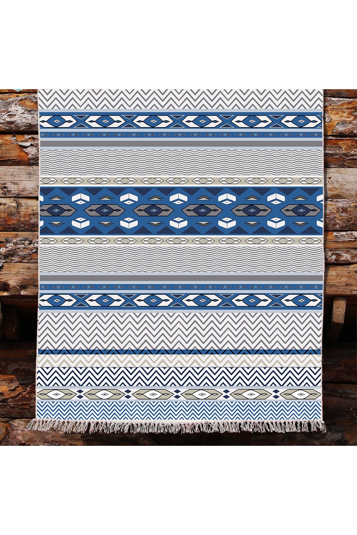 Cotton Kilim 78 Mavi ve beyaz Tonlarında Etnik Bohem Stil Pamuk Taban