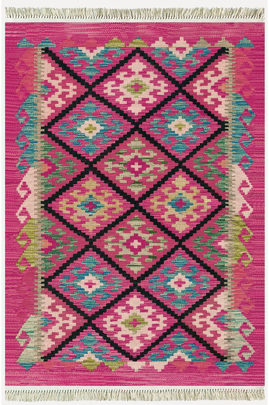 Cotton Kilim 61 Füşya Geleneksel Motifler Modern Dekoratif Saçaklı Yıkanabilen Dokuma Kilim