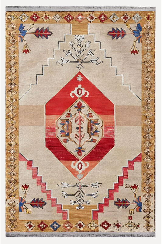 Halı Vagonu113 Etnik Clasik Halısı Dekoratif Salon Halısı Saçaklı Yıkanabilen Halı