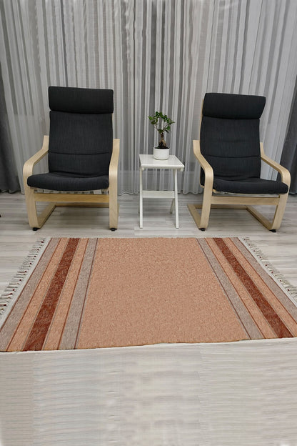 Cotton Serisi Kahve Tonlarında Eskitme Etnik Bördür Desenli Dekoratif Dokuma Taban Kilim