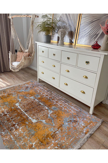 Halı Vagonu 2185 Etnik Desenli Yıkanabilir Kaymaz Tabanlı Salon Halısı, Koridor Ve Mutfak Halısı