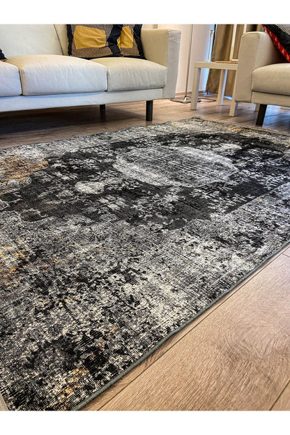 Halı Vagonu 2155 Gri Siyah Hardal Sarı Vintage Desenli Dokuma Taban Halı