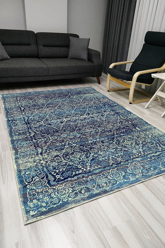 Halı Vagonu 1009 Mavi Tonlarında Klasik Dekoratif Kaymaz Taban Halı