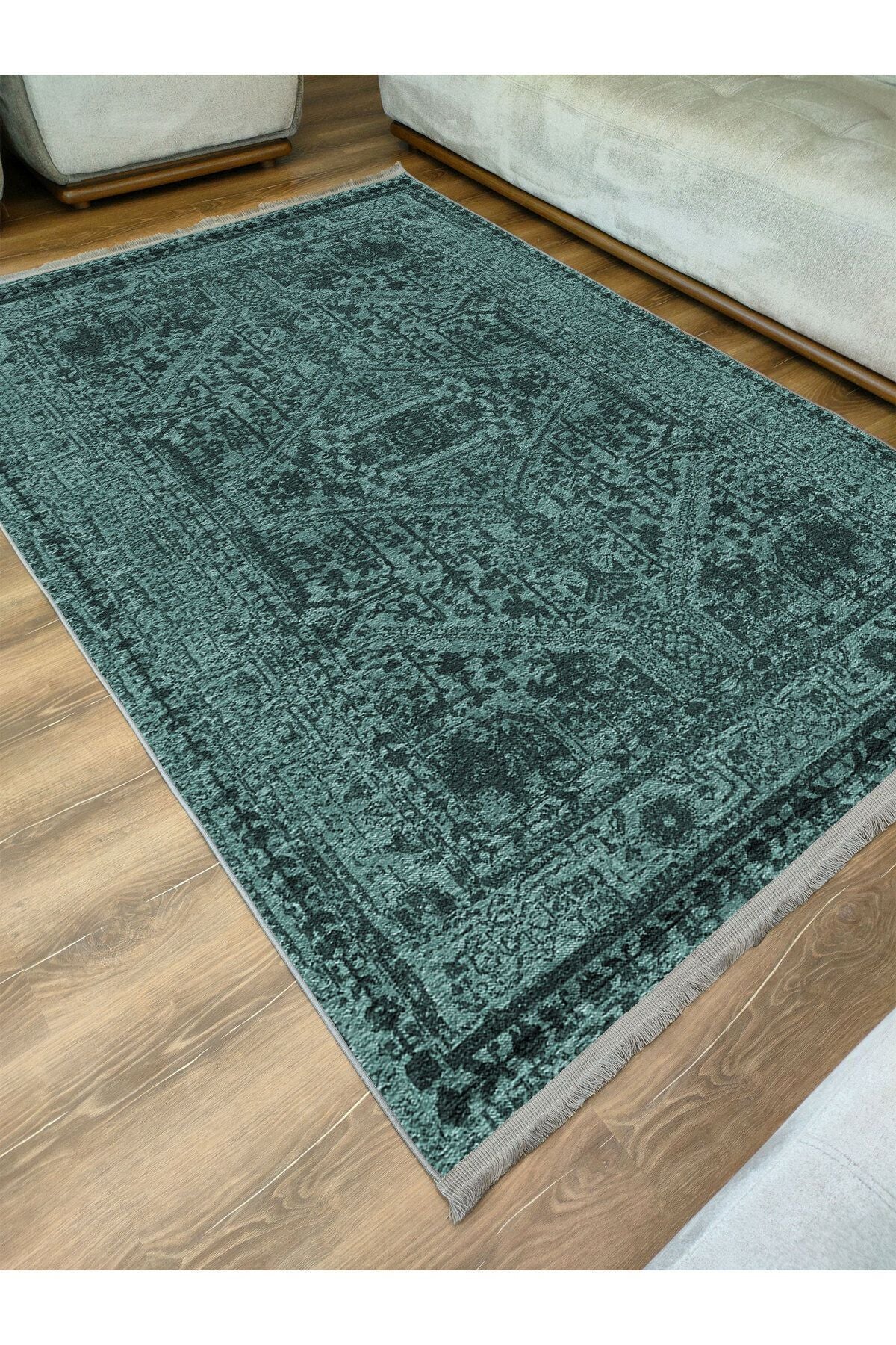 Halı Vagonu Serisi Su Yeşili Etnik Otantik Eskitme Desen Kaymaz Taban Şönil Halı