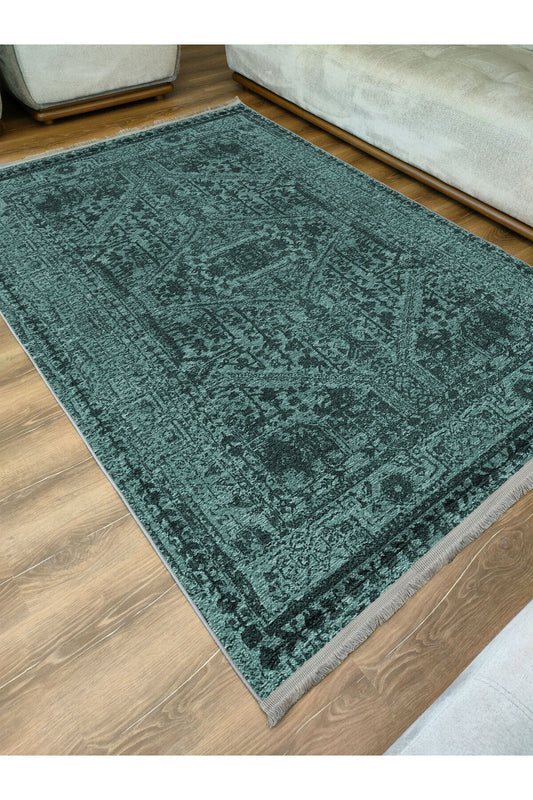 Halı Vagonu Serisi Su Yeşili Etnik Otantik Eskitme Desen Kaymaz Taban Şönil Halı