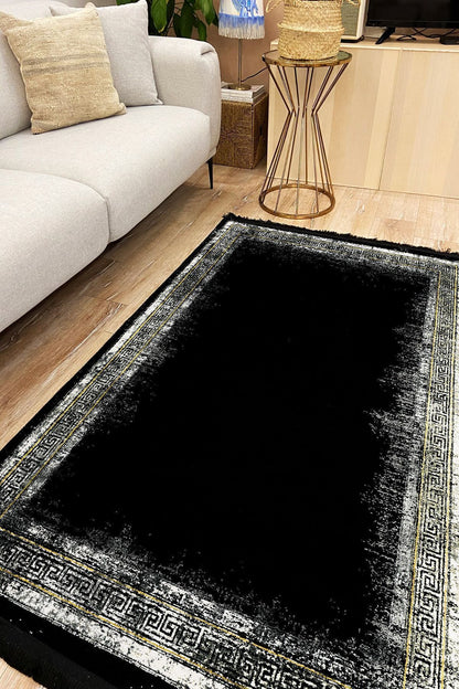 Halı Vagonu 2000 Siyah Bordürlü Klasik Desen Kaymaz Taban Dekoratif Halı