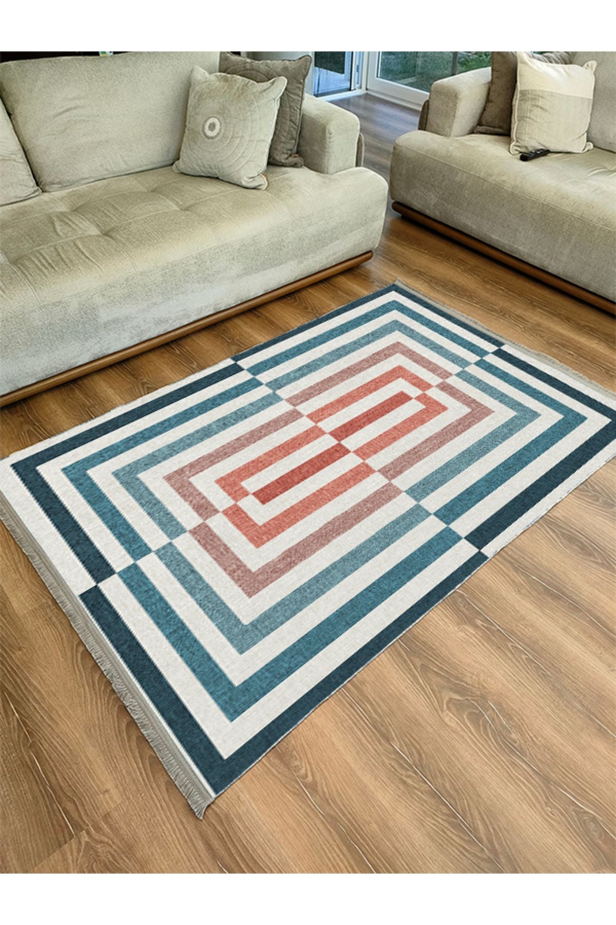 Halı Vagonu 2189 Çizgili Renkli Moder Desenli Dokuma Taban Halı