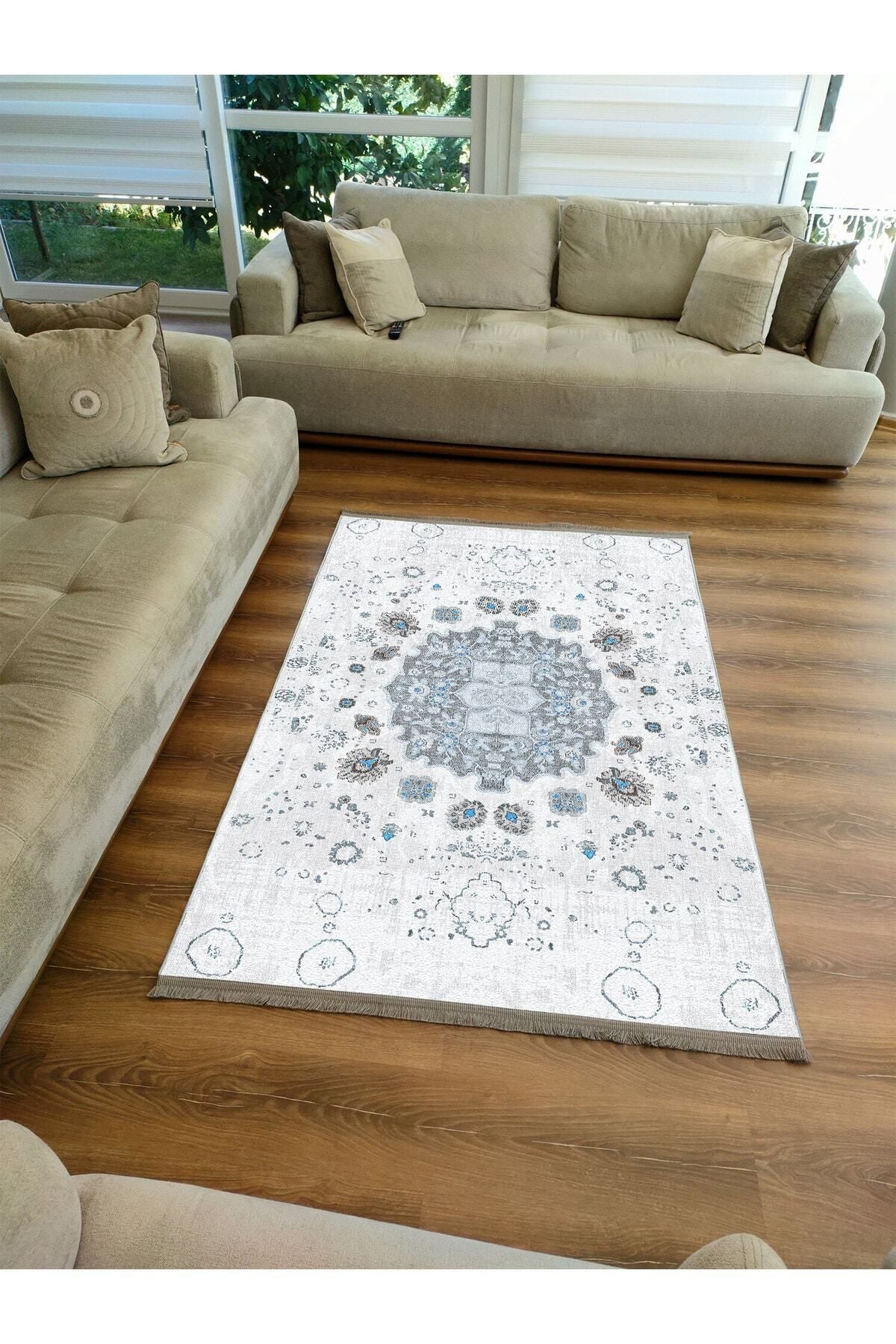 Halı Vagonu Serisi Gri Mavi Etnik Geometrik Desen Kaymaz Taban Şönil Halı