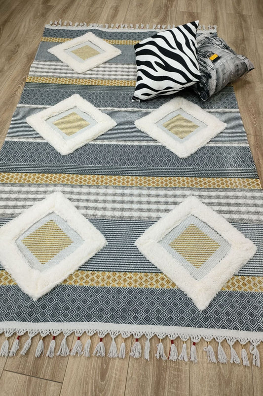 Tafting Kilim Serisi Üzeri Peluşlu Dokuma Taban Dekoratif Kilim