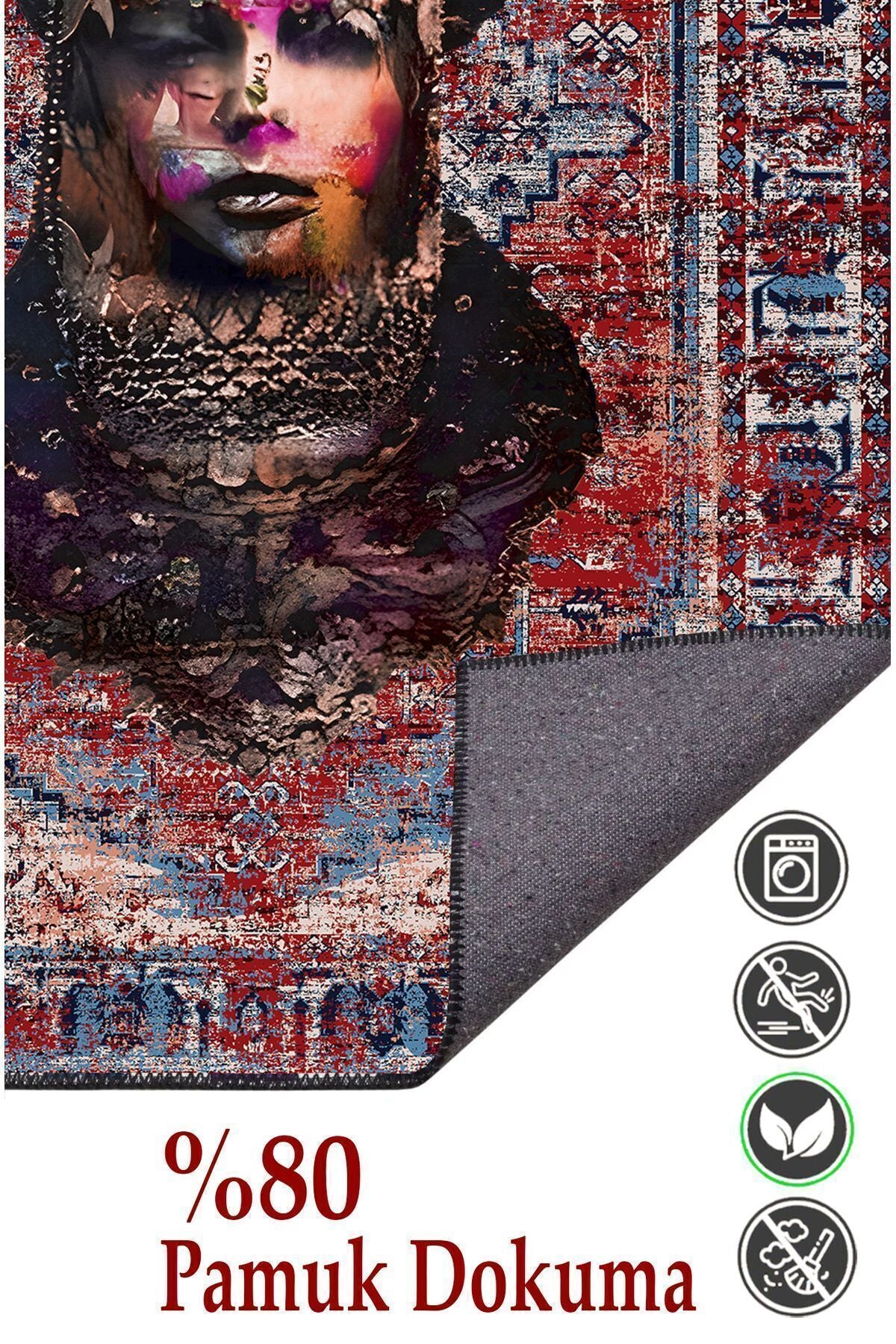 HV 126 Etnik Anadolu Halı Üzerine Kadın Suratı Dekoratif Salon Halısı Saçaklı Yıkanabilen Halı