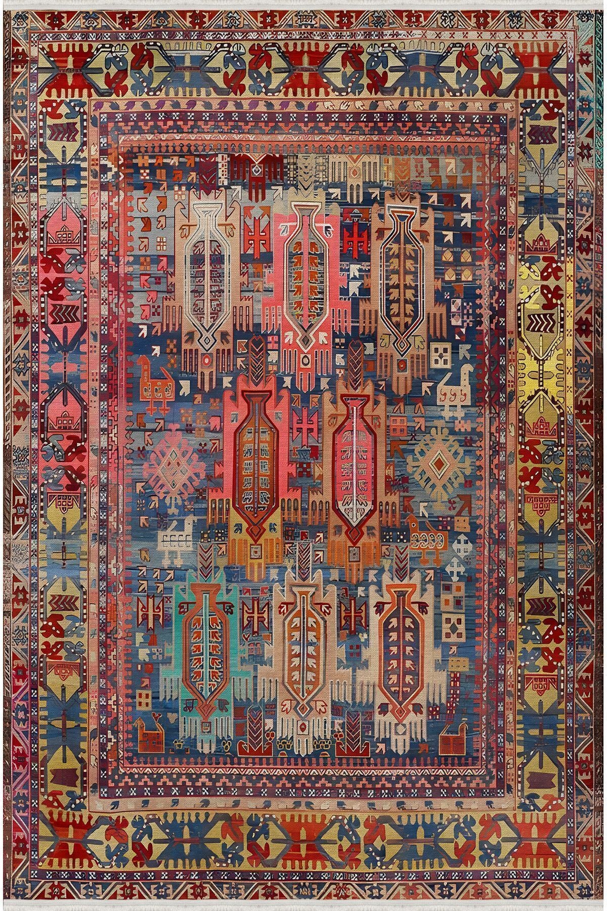 Halı Vagonu73 Fuşya Tonlarında Klasik Salon Halısı Saçaklı Yıkanabilen Dekoratif Halı