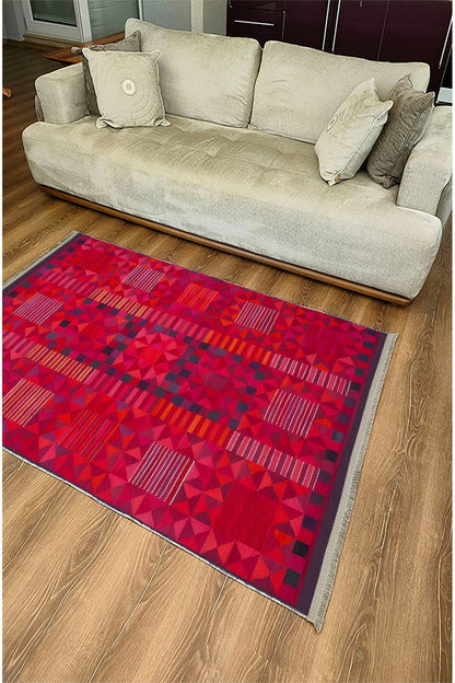 Halı Vagonu 119 Etnik Otantik Kırmızı Tonda Dekoratif Salon Halısı Saçaklı Yıkanabilen Halı