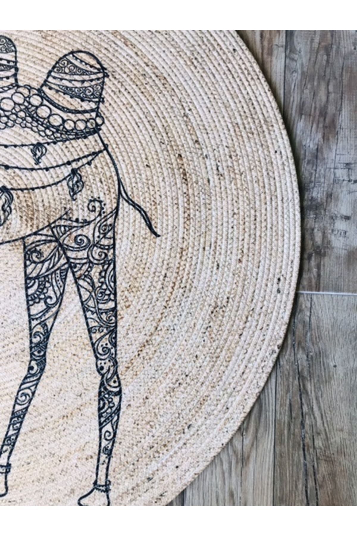 Mandala Deve Yuvarlak Jüt Örme Hasır Halı/Kilim