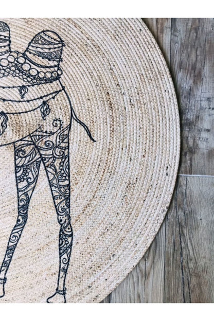 Mandala Deve Yuvarlak Jüt Örme Hasır Halı/Kilim