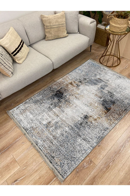 Mars 2163 Gri Tonlarında Klasik Eskitme Desen Saçaklı Dekoratif Halı