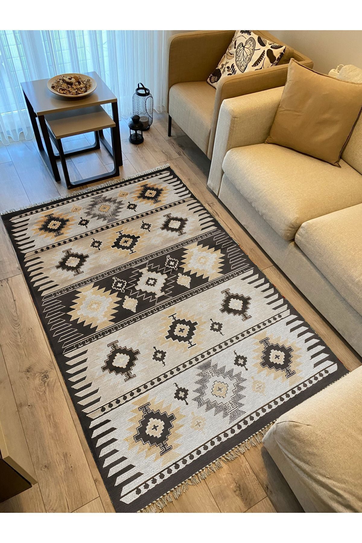 Cotton Kilim 17 Kahve Zeminli Çizgili Desenli Dekoratif Yıkanabilen Dokuma Taban Kilim