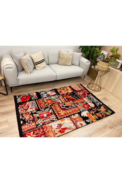 Halı Vagonu 2007 Siyah Ve Multy Tonlarında Desen Kaymaz Taban Dekoratif Halı