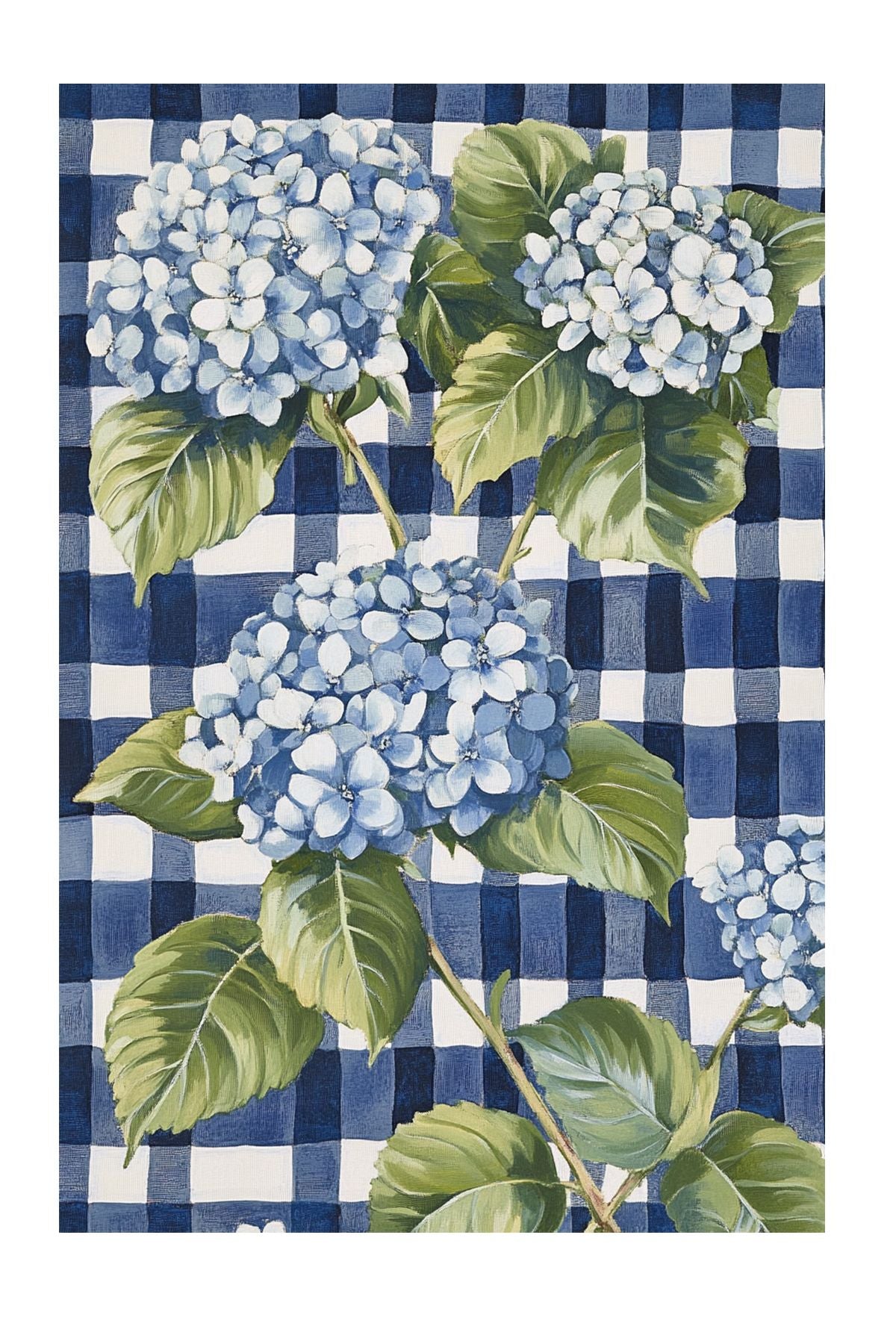 Halı Vagonu 213 Mavi Beyaz Dama Ortanca Çiçeği Figürlü Modern Dokuma Taban Dekoratif Halı