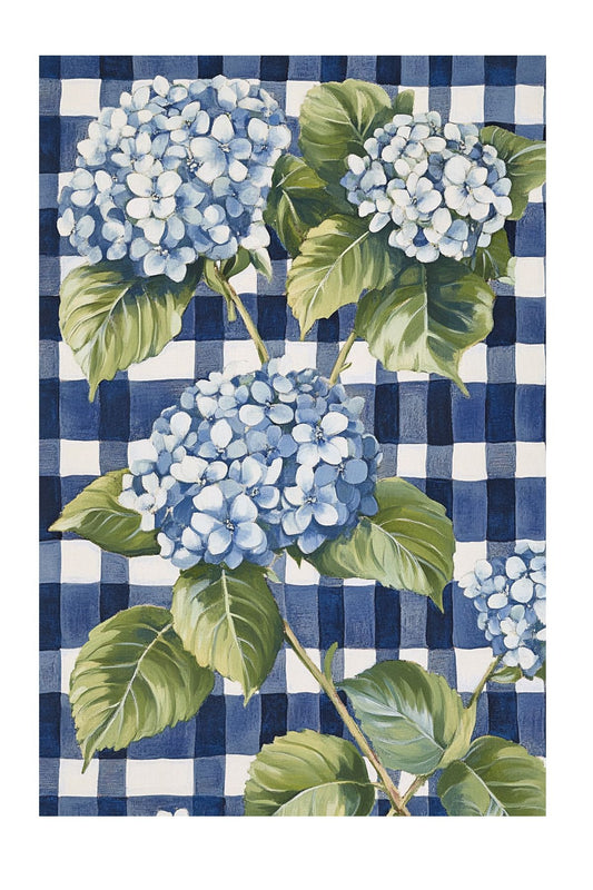 Halı Vagonu 213 Mavi Beyaz Dama Ortanca Çiçeği Figürlü Modern Dokuma Taban Dekoratif Halı