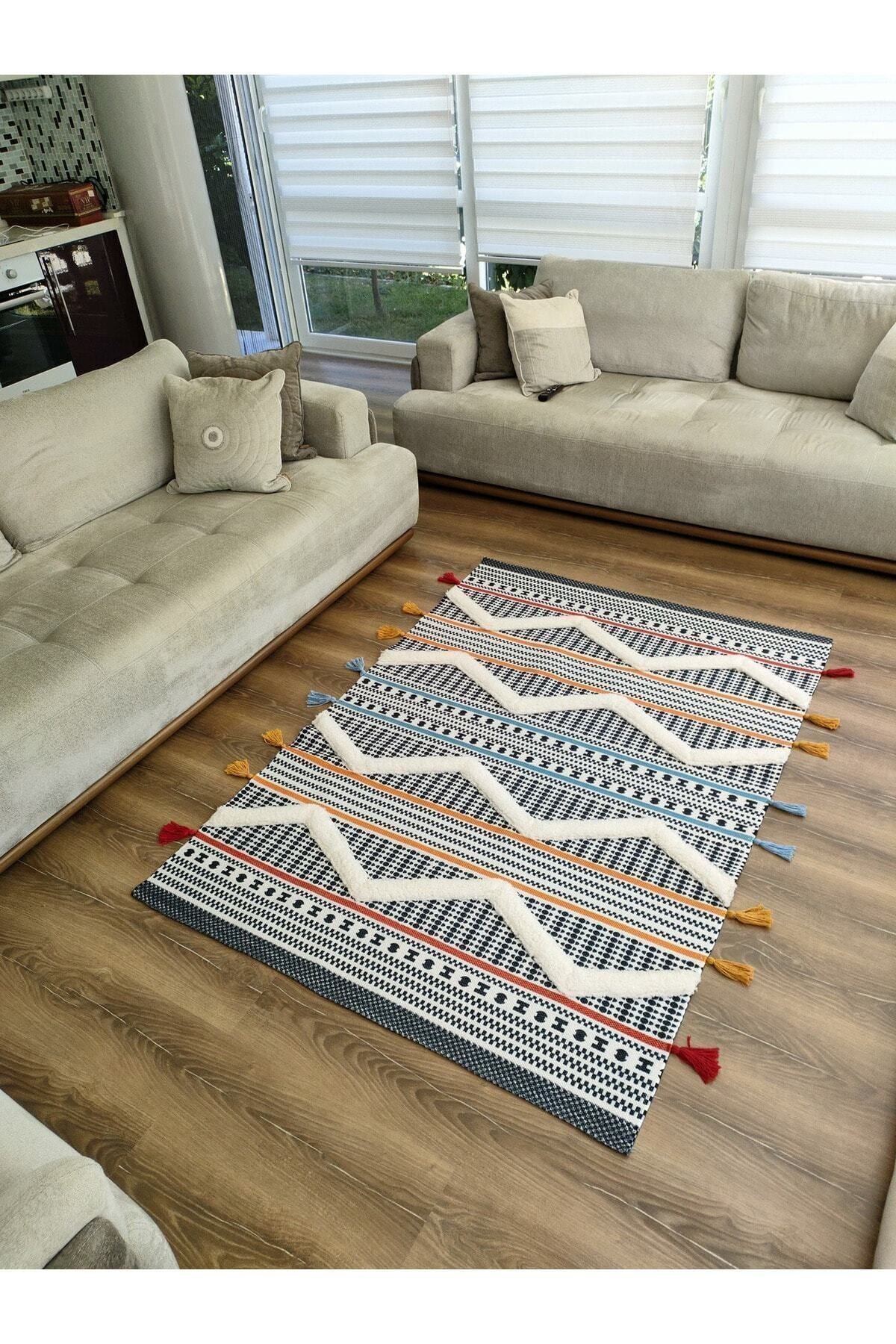 Tafting Kilim Serisi Üzeri Peluşlu Dokuma Taban Dekoratif Kilim
