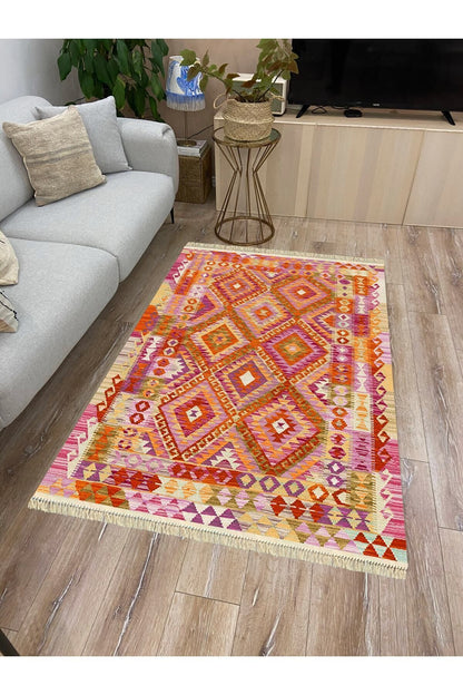 Cotton Serisi Pembe Tonunda Baklavalı Geometrik Desen Dekoratif Dokuma Taban Kilim