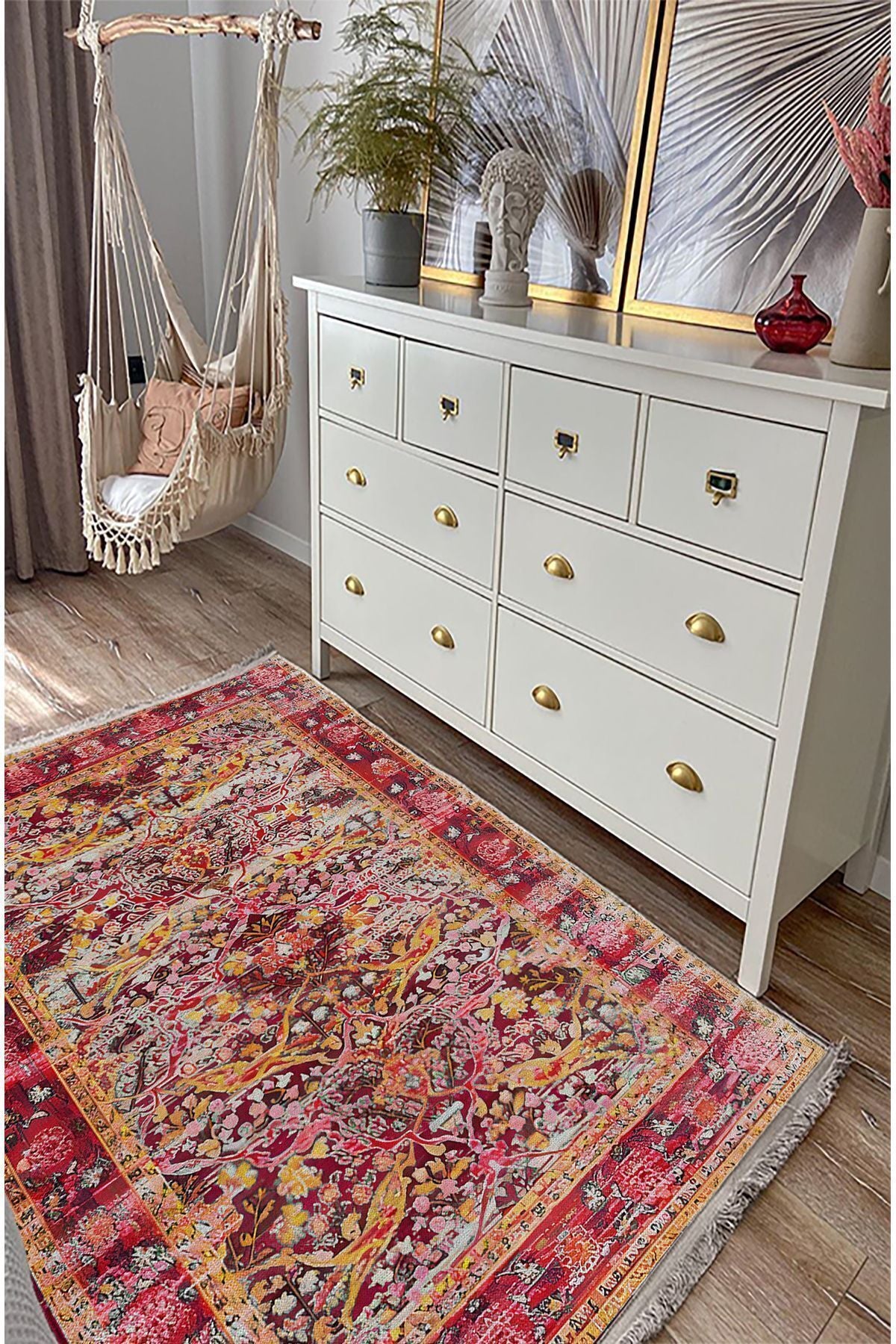 Halı Vagonu 93 Fuşya Tonlarında Klasık Dekoratif Kilim Salon Halısı Saçaklı Yıkanabilen Halı