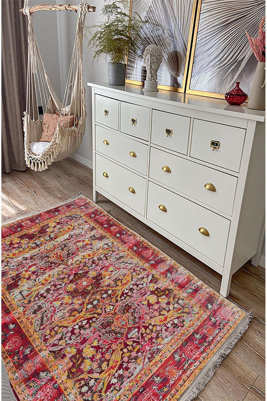 Halı Vagonu 93 Fuşya Tonlarında Klasık Dekoratif Kilim Salon Halısı Saçaklı Yıkanabilen Halı