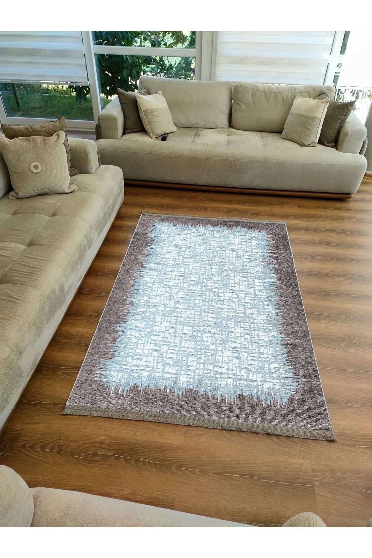 Halı Vagonu Serisi Mavi Tonlarında Çerçeveli Etnik Desen Kaymaz Taban Şönil Halı