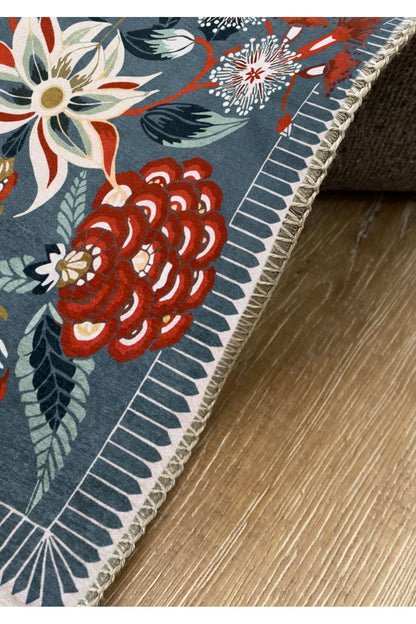 Yeşil Temalı Kırmızı Gül Tonlarında Klasik Modeli Pamuk Dokuma Saçaklı Yakanabilir Halı Vagonu2179