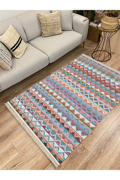 Cotton Kilim 51 Gri Zeminli Geleneksel Motifler Modern Dekoratif Saçaklı Yıkanabilen Dokuma Kilim