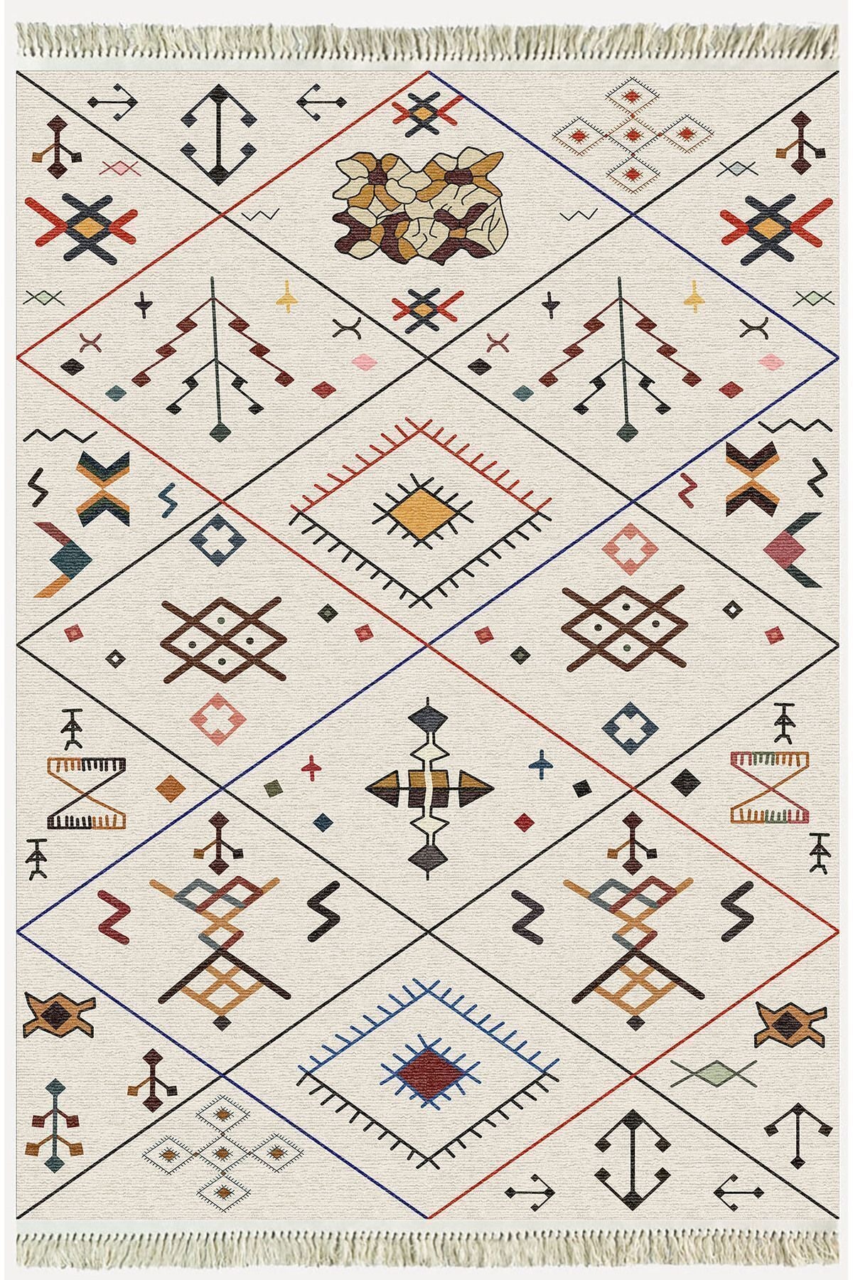 Cotton Serisi Krem Tonlarında Geometrik Desenli Dekoratif Dokuma Taban Kilim