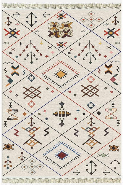 Cotton Serisi Krem Tonlarında Geometrik Desenli Dekoratif Dokuma Taban Kilim