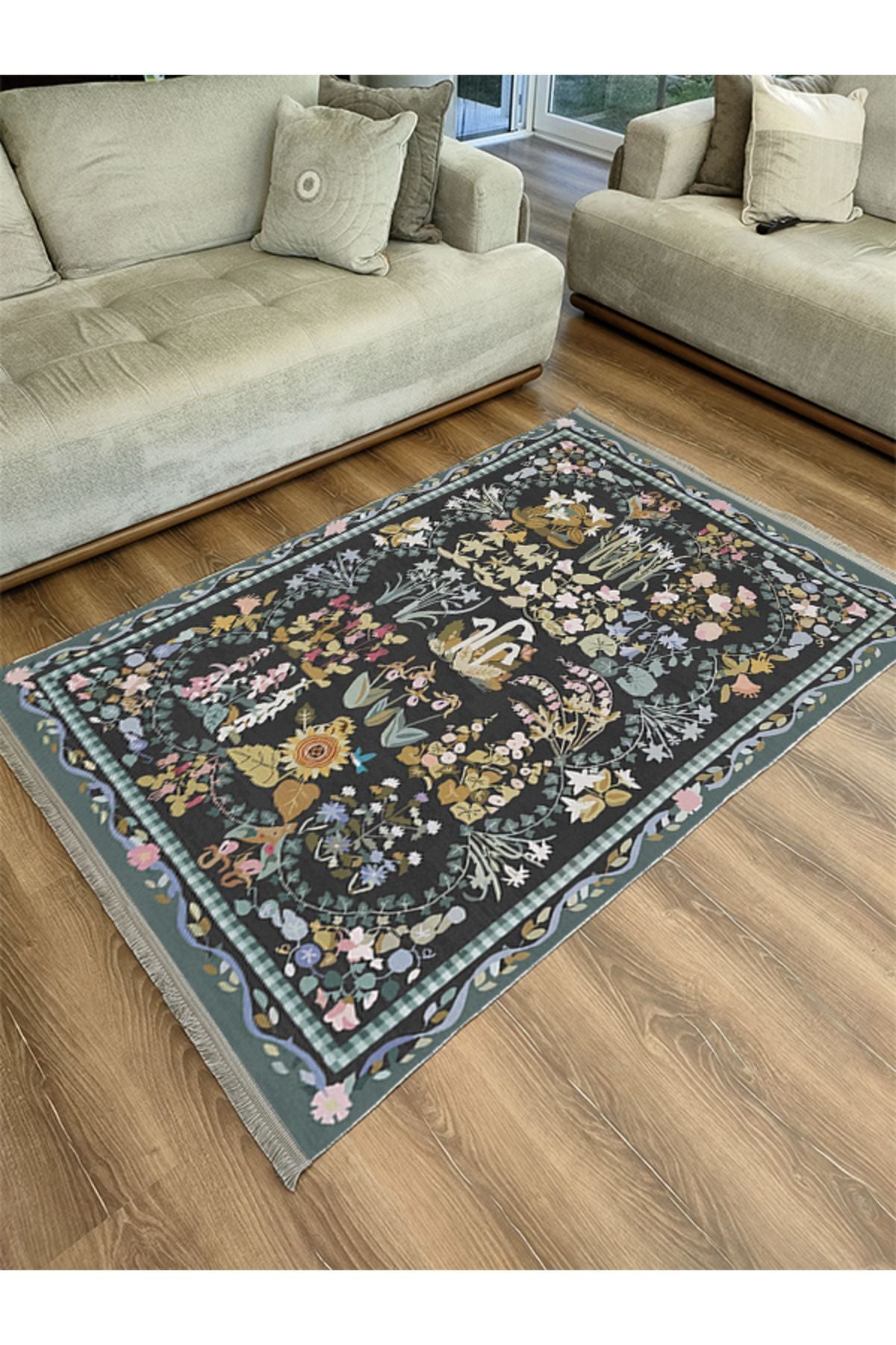 HV  2188 Yeşil Çiçek Temalı Geleneksel Motifli Etnik Desenli Yıkanabilen Saçaklı Dekoratif Halı