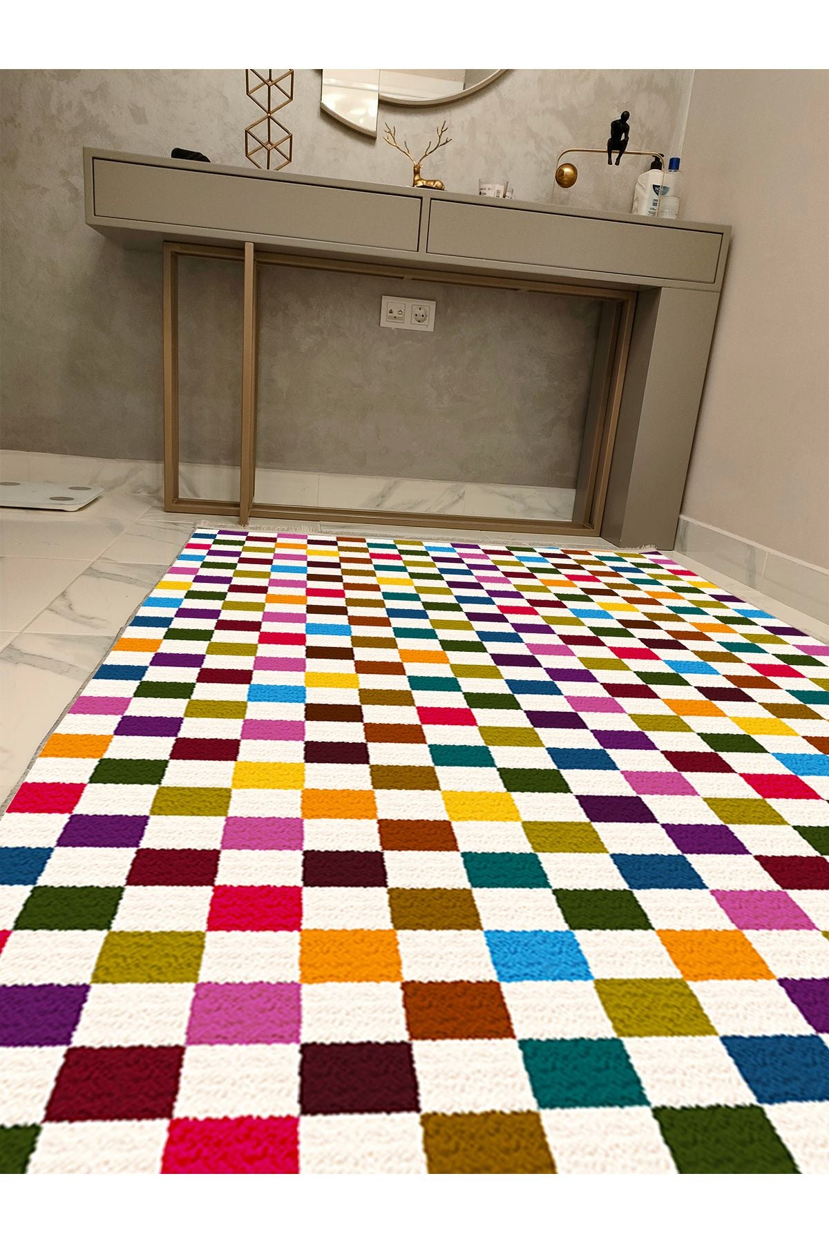 Halı Vagonu Modern Kareli Desenli Renkli Pamuk  Dokuma Taban Halı E47