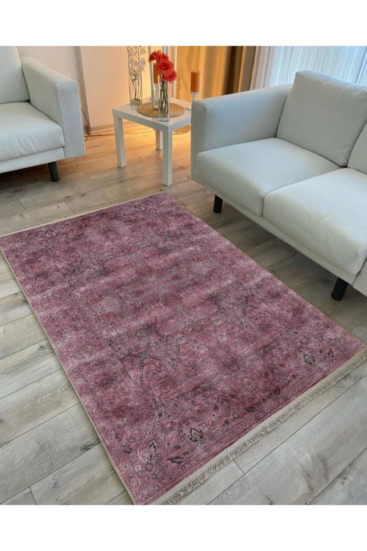 Halı Vagonu 2019 Fuşya Ve Gri Tonunda Etnik Desenli Kaymaz Taban Dekoratif Halı